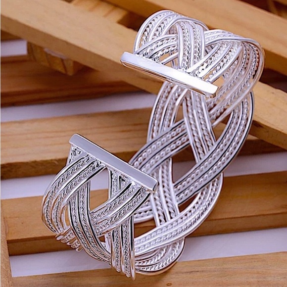 Braided Design Sterling Silver Bangle Cuff Bracelet Matching Ring Set - Picture 5 of 12